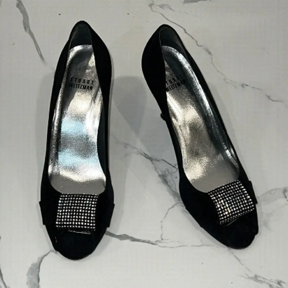 Stuart Weitzman Black Satin Jewel Embellished Peep toe pumps shoes size 6.5 M - Picture 2 of 15